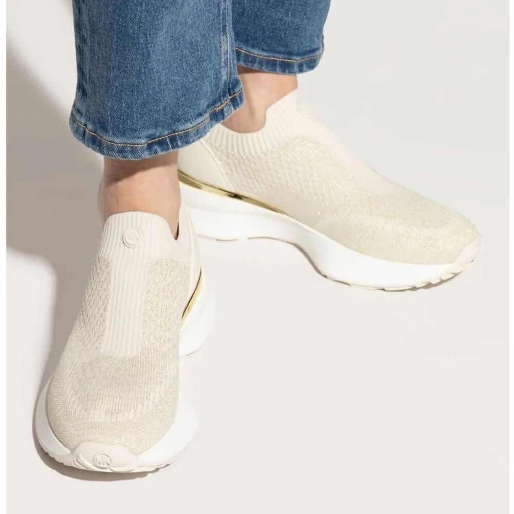 Michael Kors Ari Neutral Cream Knit Slip On Athleisure Lifestyle Sneakers - Picture 2 of 11